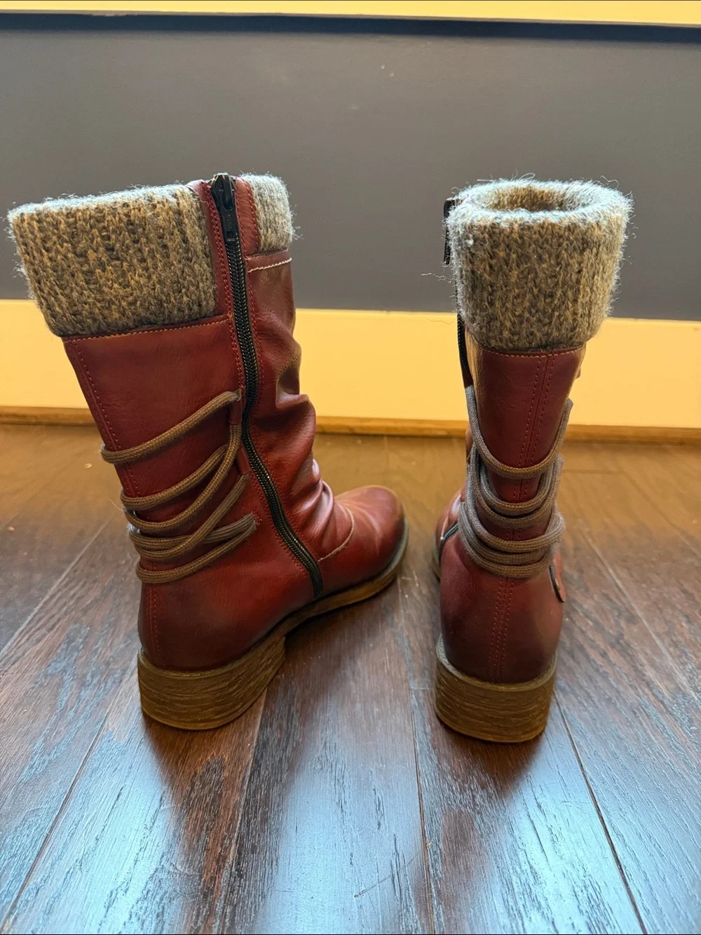 Remonte Red Leather Mid-Calf Boot with Gray Knit Cuff